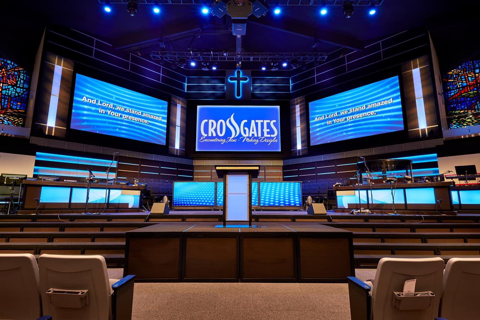 Attractive church staging cubes complement beautiful worship spaces.