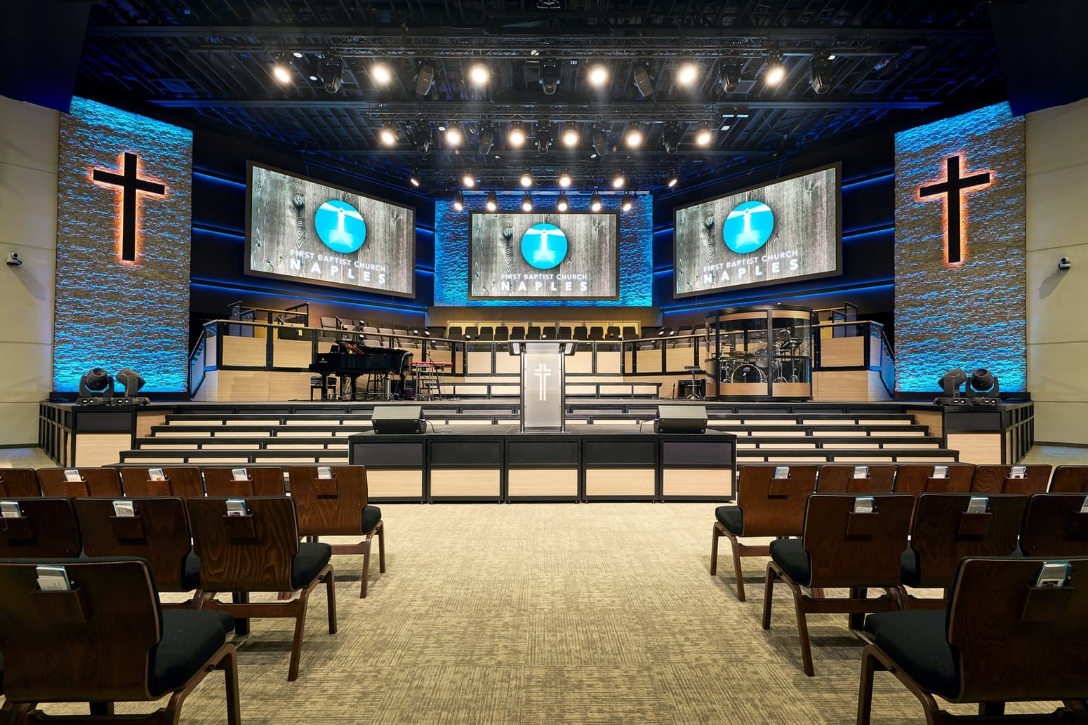 Church sound systems like we installed for FBC Naples feature the best speakers for church auditorium designs.