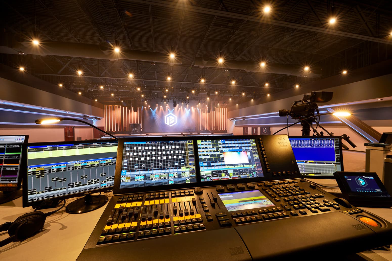 These controls for LED church stage lighting and AVL church speakers give Prestonwood Baptist control.