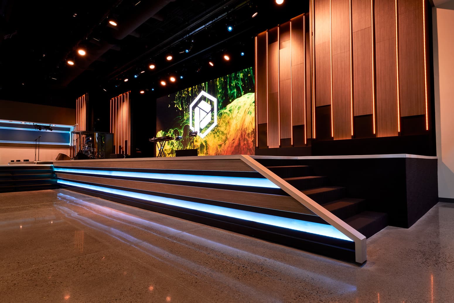 Scenic elements like this complete the contemporary church lighting system.