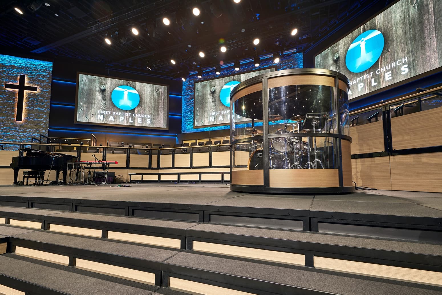 Modular stage design cubes lend to a clean stage design for any church or theater.