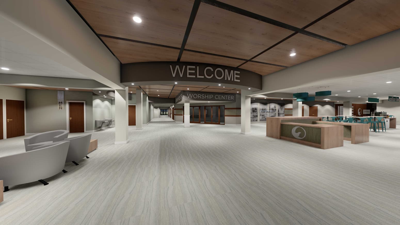 Auditorium design project featuring a spacious Welcome center.